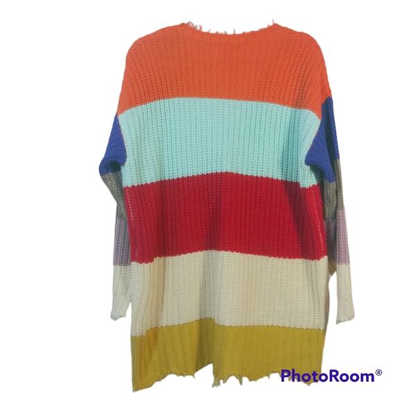 Dress Up Bright Multicolor Stripe Over Sized Distressed Knit Sweater Size S - Picture 2 of 6